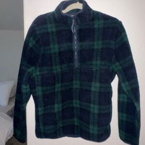 J. Crew Green and Navy Plaid Zip-Up Fleece Sweater
